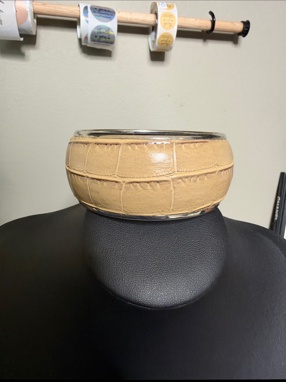 Neutral Croc Tan Leather Wrapped Statement Bangle Bracelet